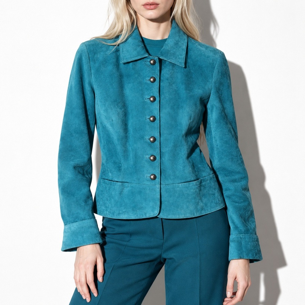 Y2k Liz Claiborne Turquoise Blue Suede Jacket Womens 10P Leather Button Front